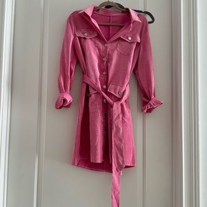 Pink corduroy button down dress Size M belted